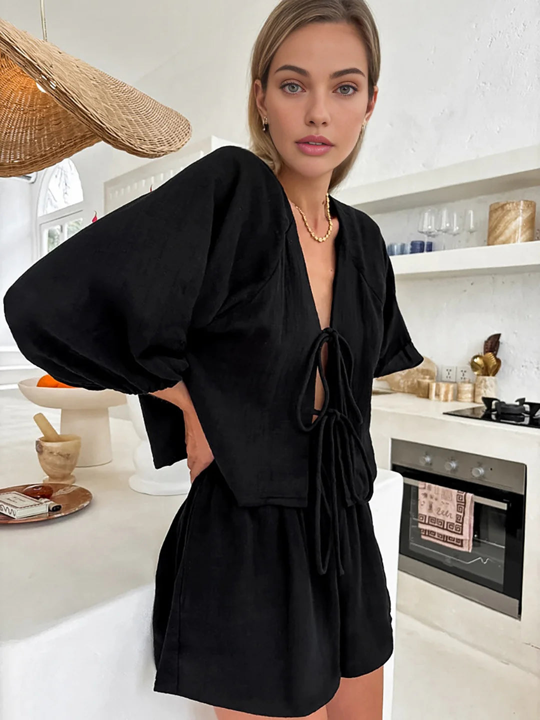 Cotton Tie-Front Long Sleeve Shorts Matching Set - LA FEMME WANDERER