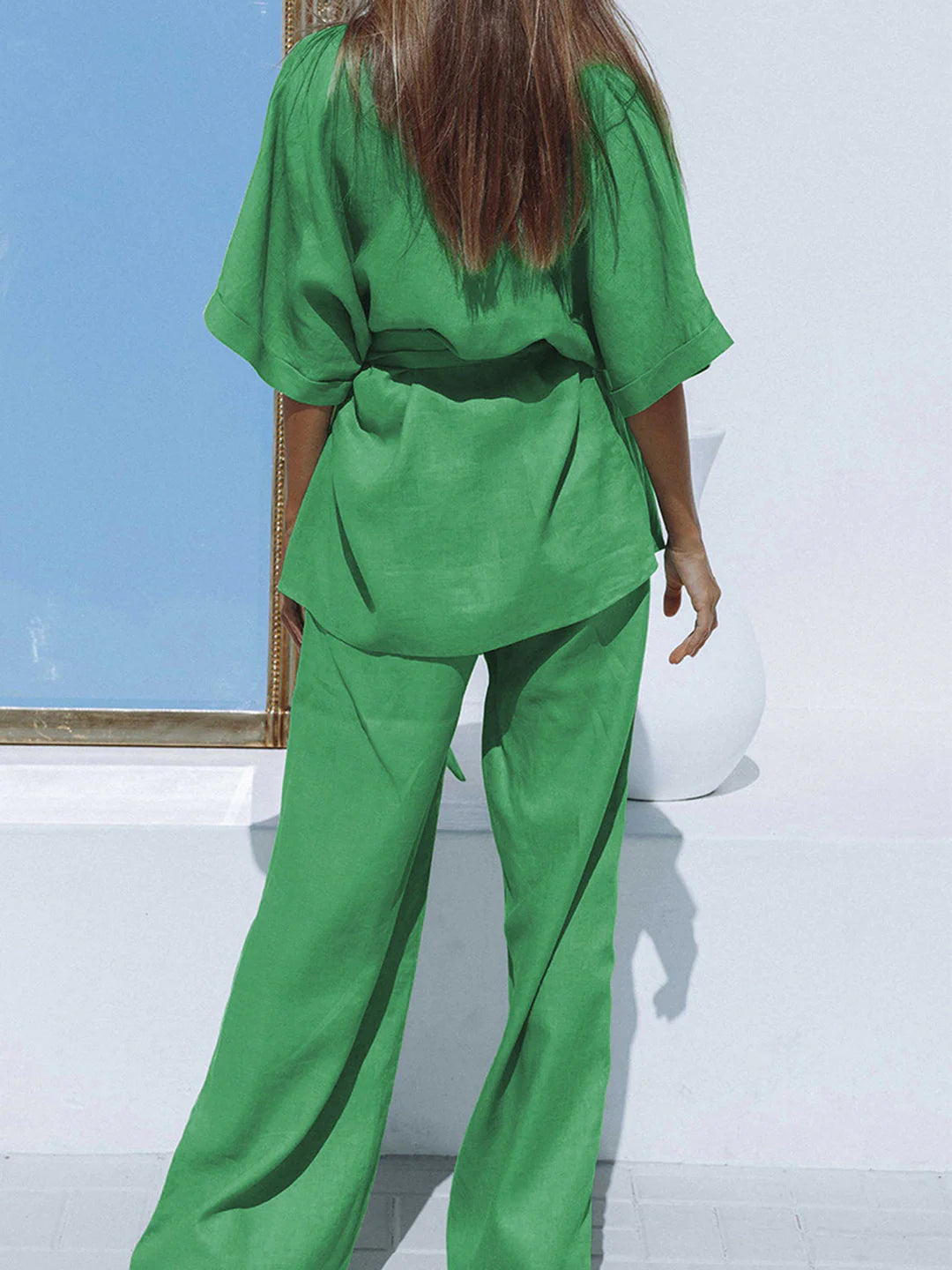 Belt Design Oversized Linen Tied Two Piece Pants Set - LA FEMME WANDERER