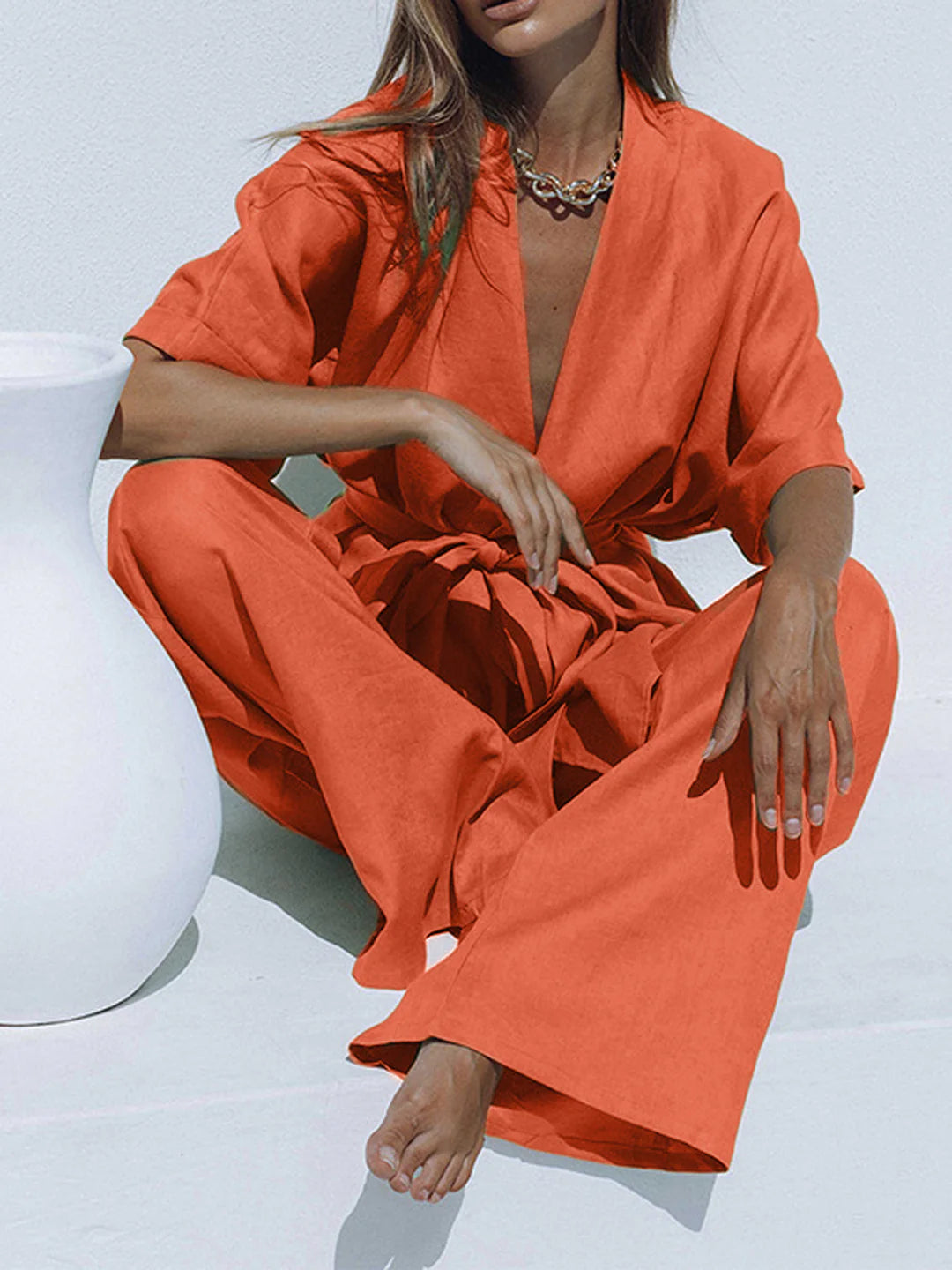 Belt Design Oversized Linen Tied Two Piece Pants Set - LA FEMME WANDERER