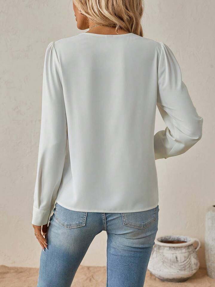 Always Chic V-Neck Long Sleeve Solid Blouse - LA FEMME WANDERER