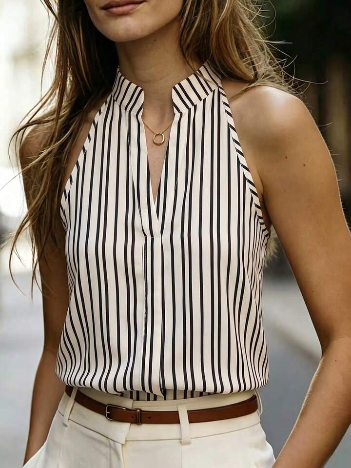 Elegant Black & White Classy Sleeveless Striped Blouse