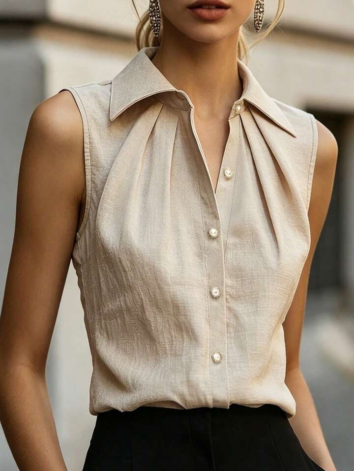 Elegant Button Front Top – Pleated Neck Sleeveless Fashion Blouse