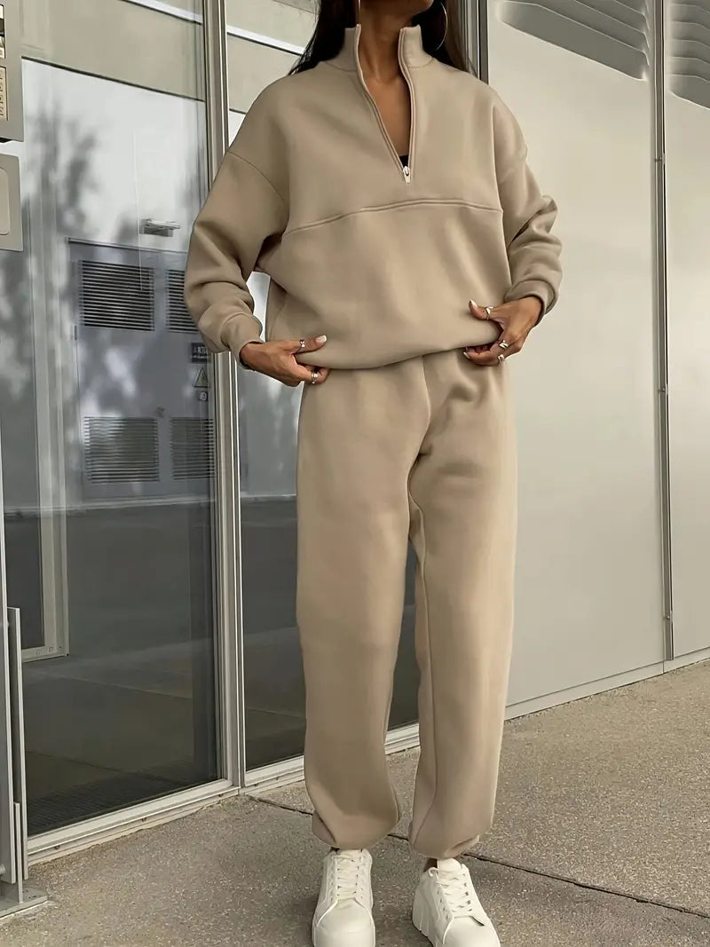 Lapel Solid Color Zipped Casual Matching Set - LA FEMME WANDERER