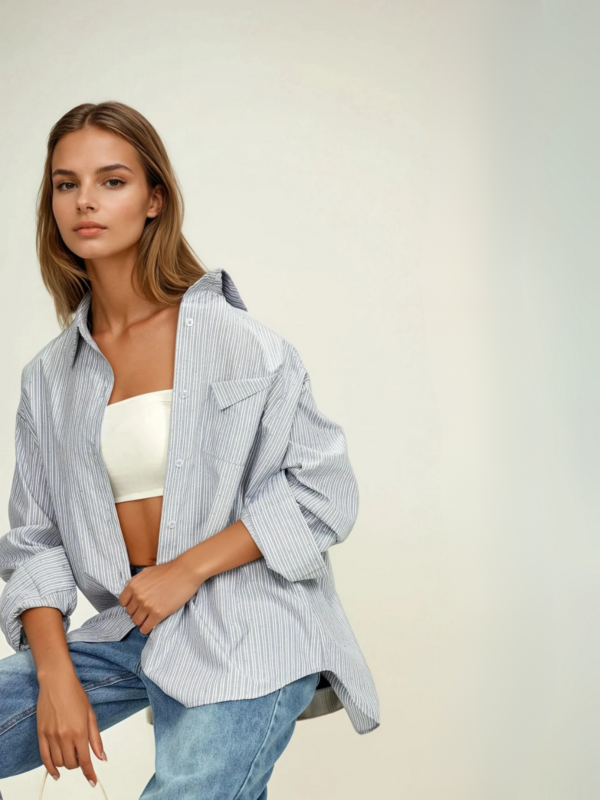 Rhinestone Dot Pinstripe Long Sleeves Pocket Shirt - LA FEMME WANDERER