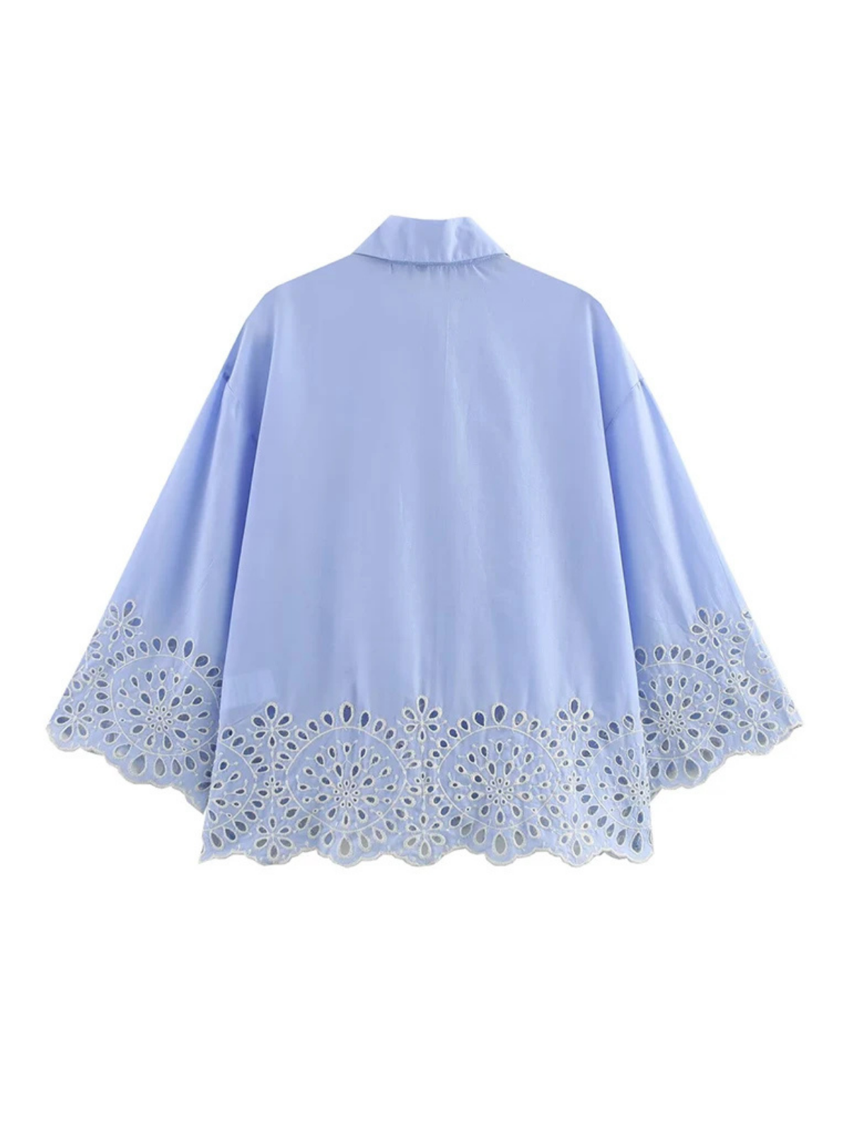Blue Embroidered Hollow Cutout Lapel Button Shirt
