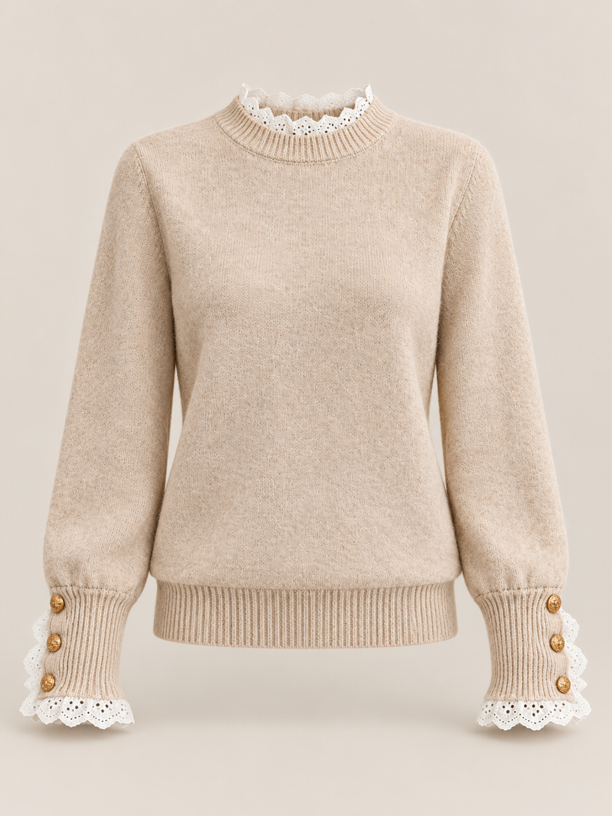 Lace Trim Button Cuff Knit Sweater