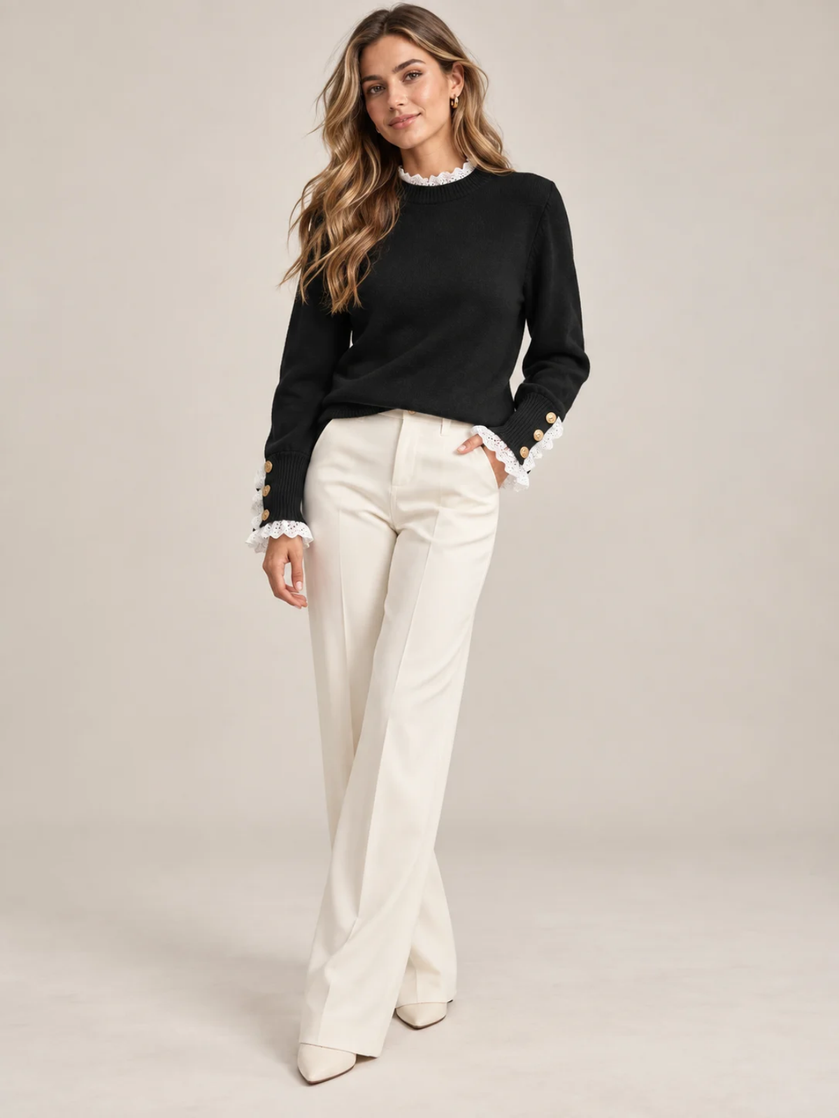 Lace Trim Button Cuff Knit Sweater