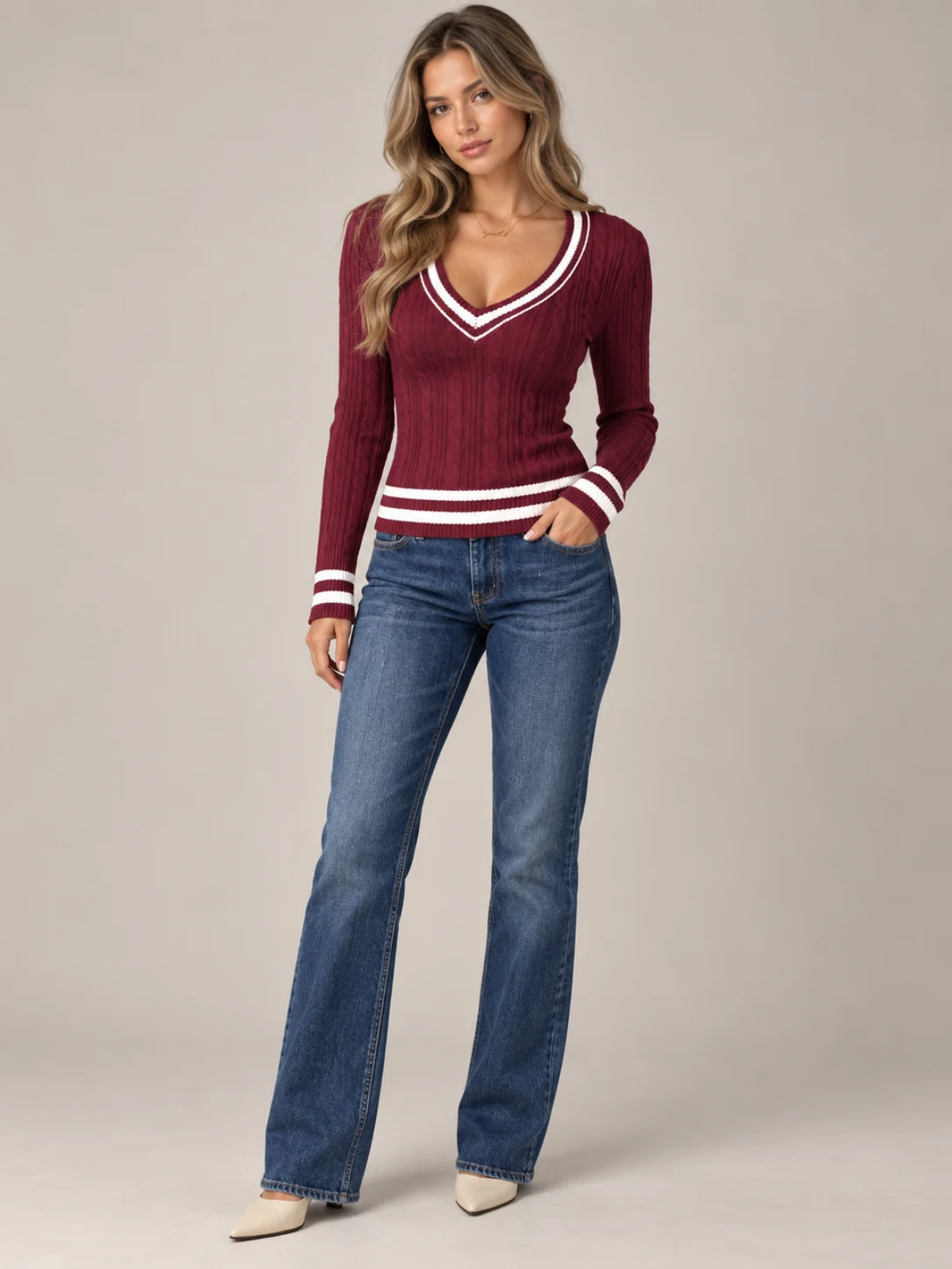 Contrast Trim Cable Knit V-Neck Sweater