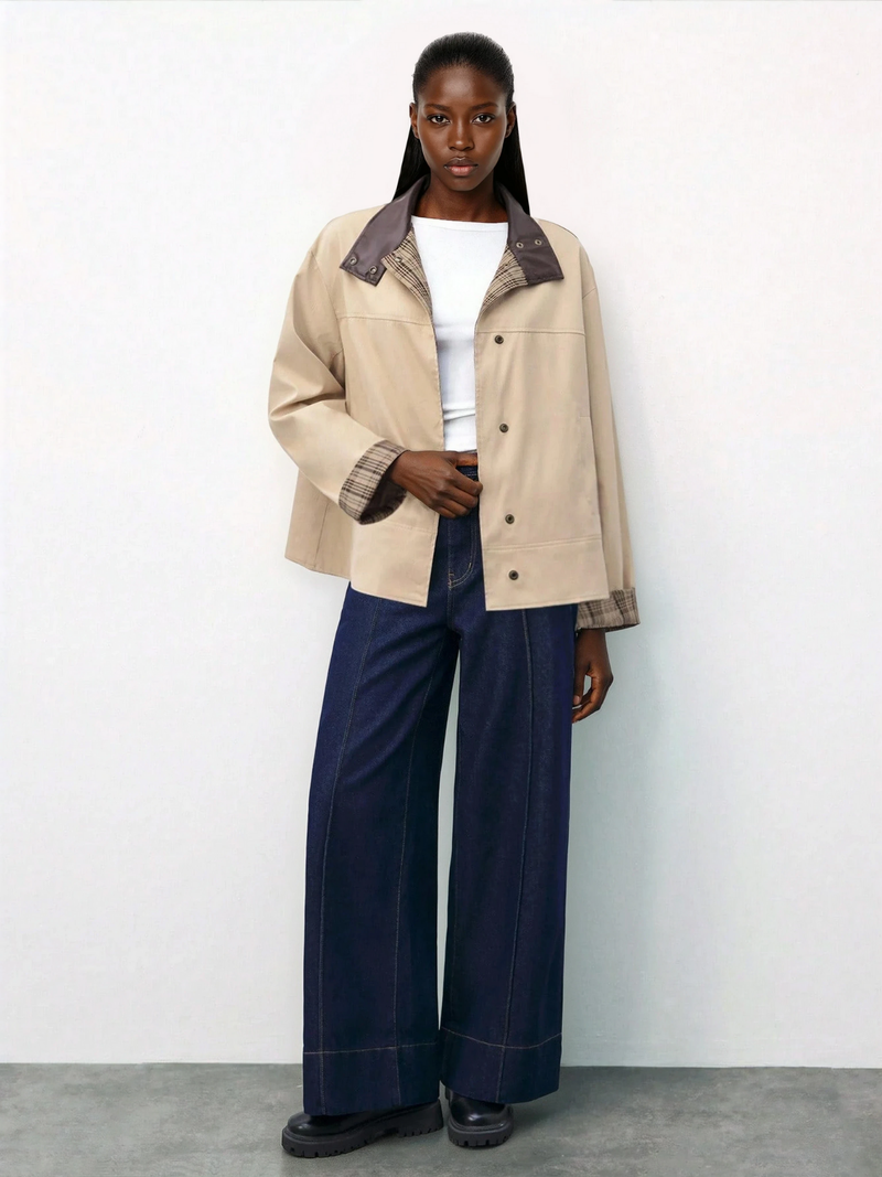 Blazer marrón con mangas patchwork a cuadros y cuello de cuero para mujer, ropa de diario de invierno