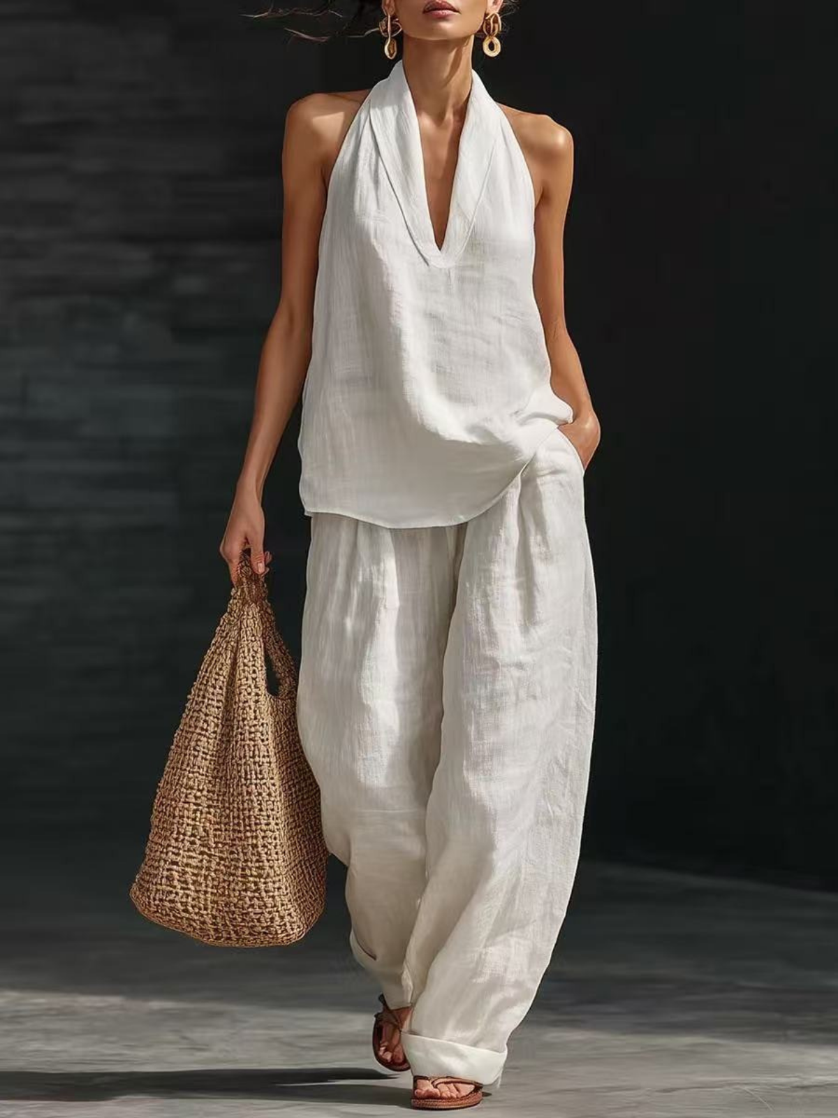 Elegant Style Halter Top & Wide-Leg Pants Co-Ord
