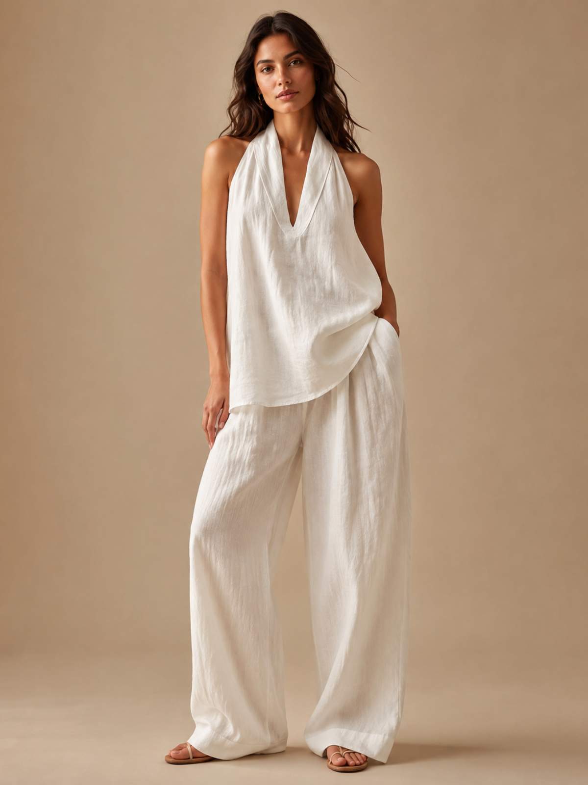 Conjunto de top estilo halter y pantalones de pierna ancha de estilo elegante