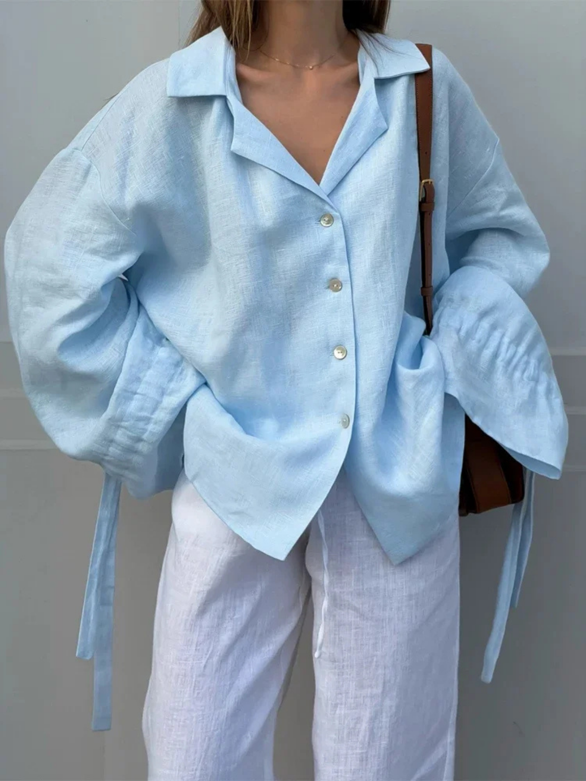 Light Blue Oversized Button-Up Shirt – Relaxed Fit Long Sleeve Blouse